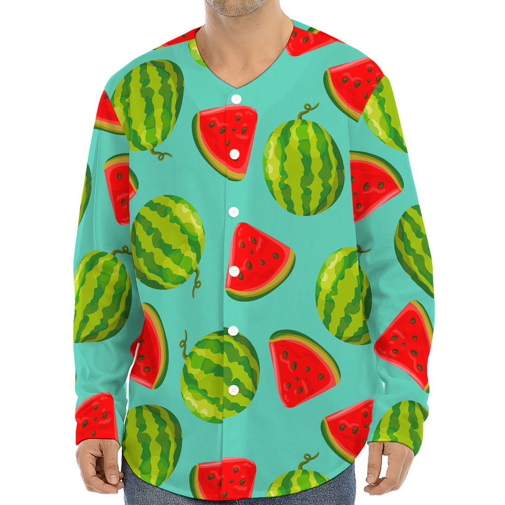 Blue Summer Watermelon Pattern Print Long Sleeve Baseball Jersey