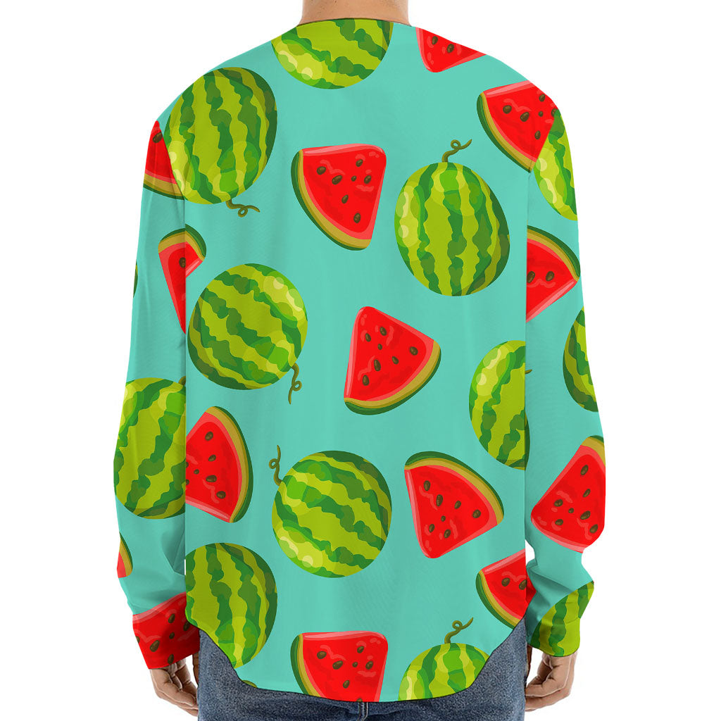 Blue Summer Watermelon Pattern Print Long Sleeve Baseball Jersey