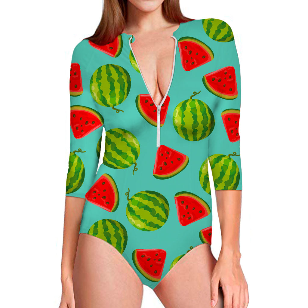 Blue Summer Watermelon Pattern Print Long Sleeve Swimsuit