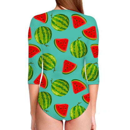 Blue Summer Watermelon Pattern Print Long Sleeve Swimsuit