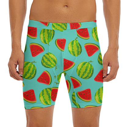 Blue Summer Watermelon Pattern Print Men's Long Boxer Briefs