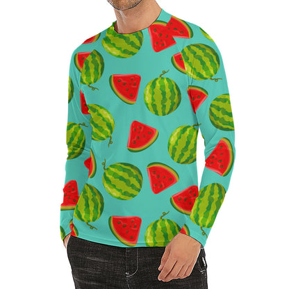 Blue Summer Watermelon Pattern Print Men's Long Sleeve Rash Guard