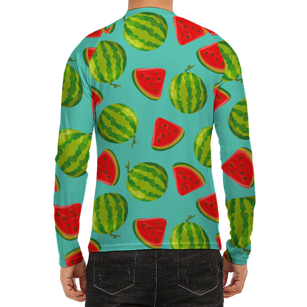 Blue Summer Watermelon Pattern Print Men's Long Sleeve Rash Guard