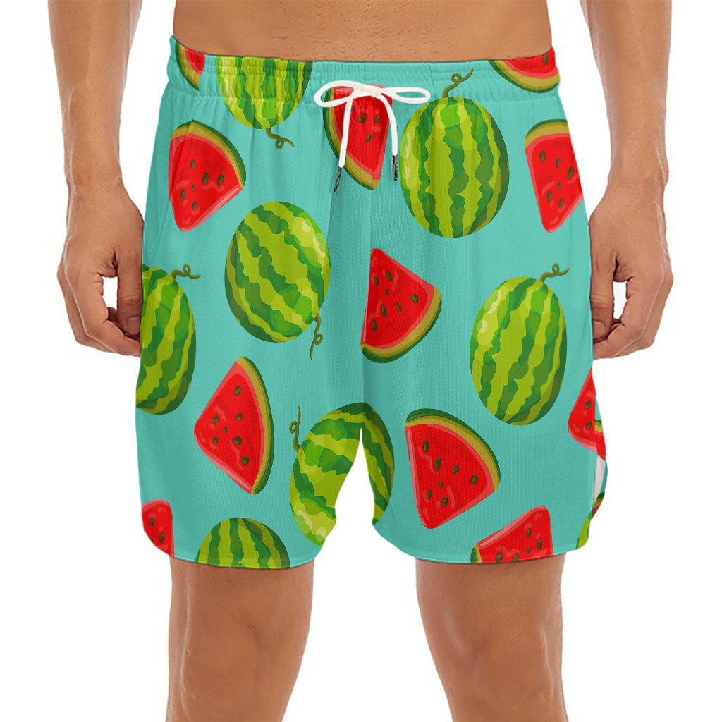 Blue Summer Watermelon Pattern Print Men's Split Running Shorts