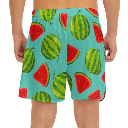 Blue Summer Watermelon Pattern Print Men's Split Running Shorts