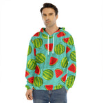 Blue Summer Watermelon Pattern Print Men's Velvet Pullover Hoodie