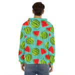 Blue Summer Watermelon Pattern Print Men's Velvet Pullover Hoodie