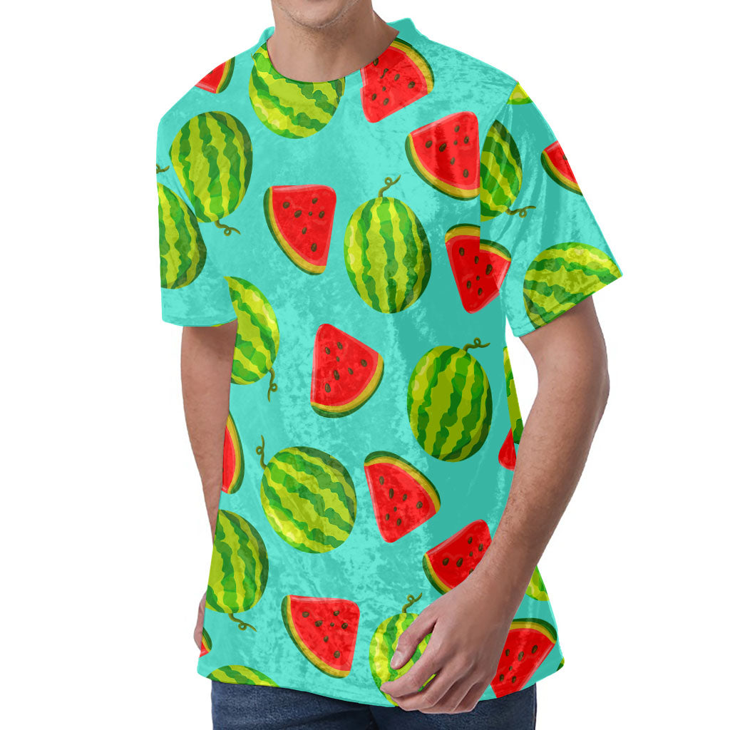 Blue Summer Watermelon Pattern Print Men's Velvet T-Shirt