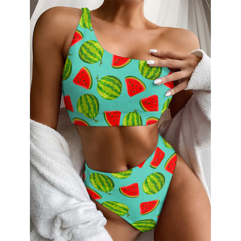 Blue Summer Watermelon Pattern Print One Shoulder Bikini Top