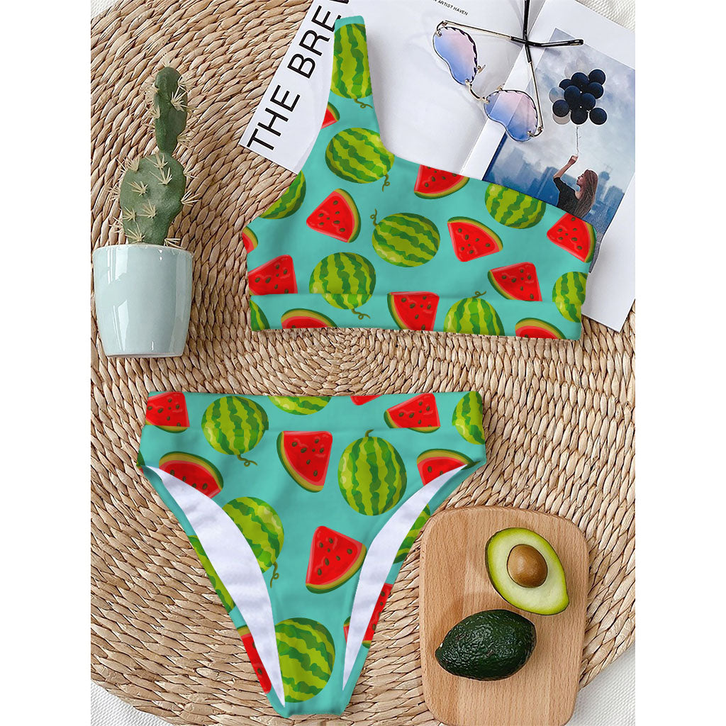 Blue Summer Watermelon Pattern Print One Shoulder Bikini Top