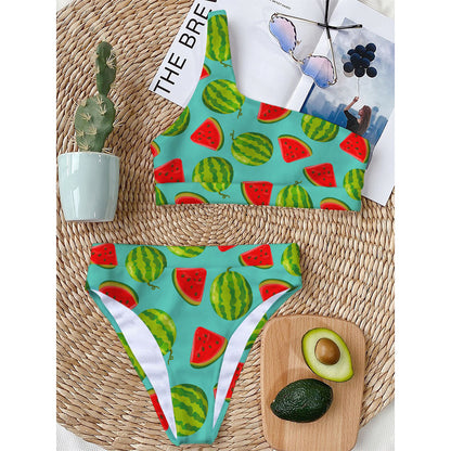Blue Summer Watermelon Pattern Print One Shoulder Bikini Top