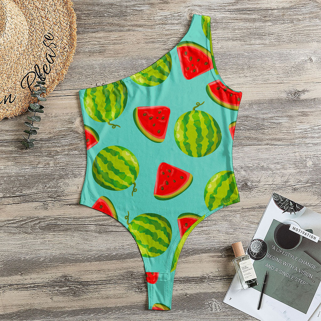 Blue Summer Watermelon Pattern Print One Shoulder Bodysuit