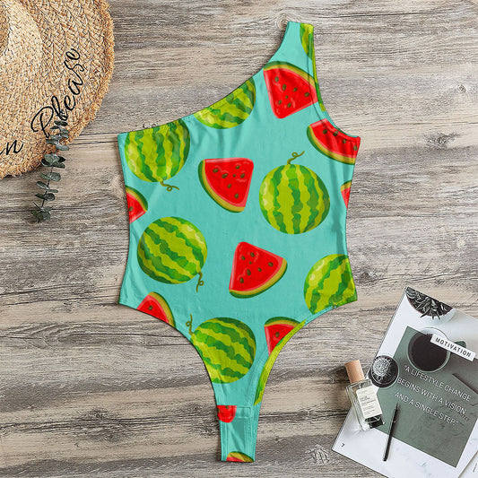 Blue Summer Watermelon Pattern Print One Shoulder Bodysuit