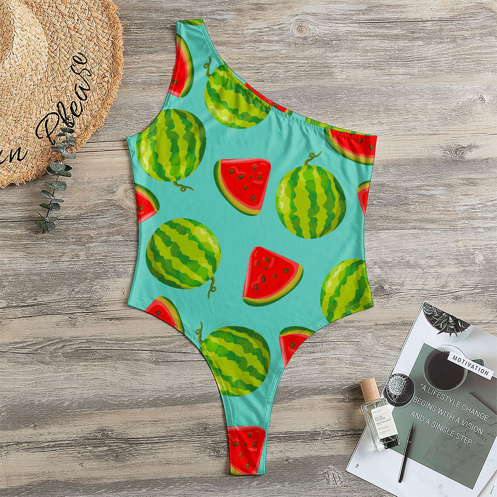Blue Summer Watermelon Pattern Print One Shoulder Bodysuit