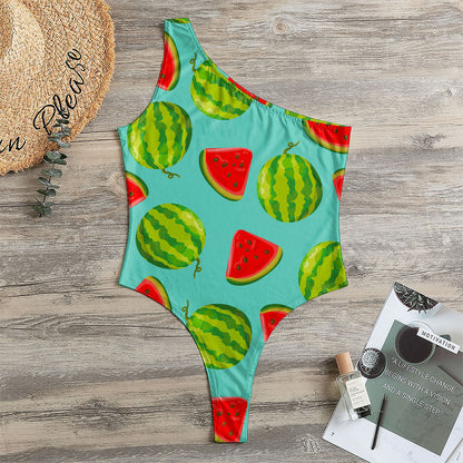 Blue Summer Watermelon Pattern Print One Shoulder Bodysuit