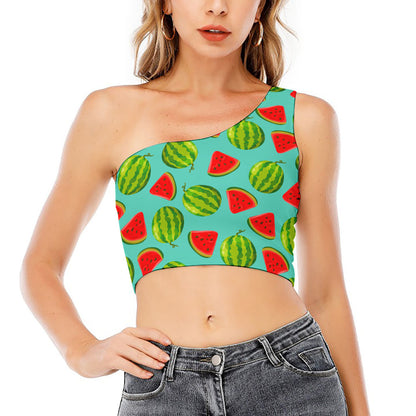 Blue Summer Watermelon Pattern Print One Shoulder Crop Top