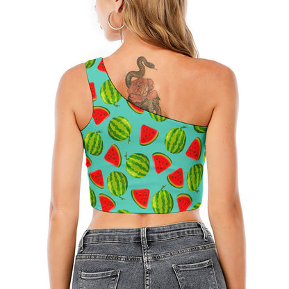 Blue Summer Watermelon Pattern Print One Shoulder Crop Top
