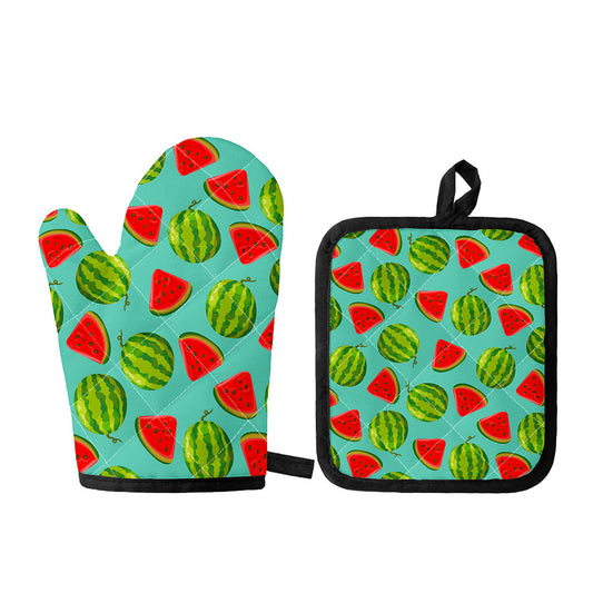 Blue Summer Watermelon Pattern Print Oven Mitt And Pot Holder Set