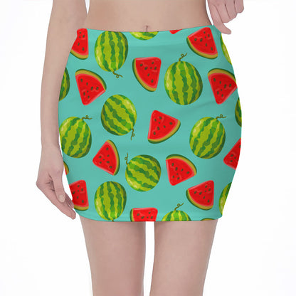 Blue Summer Watermelon Pattern Print Pencil Mini Skirt