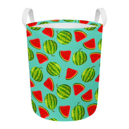 Blue Summer Watermelon Pattern Print Round Laundry Basket