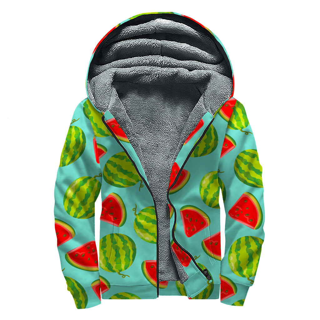 Blue Summer Watermelon Pattern Print Sherpa Lined Zip Up Hoodie