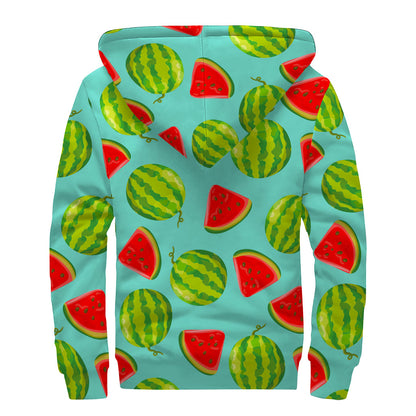 Blue Summer Watermelon Pattern Print Sherpa Lined Zip Up Hoodie