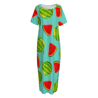 Blue Summer Watermelon Pattern Print Short Sleeve Long Nightdress