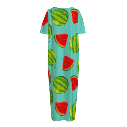Blue Summer Watermelon Pattern Print Short Sleeve Long Nightdress