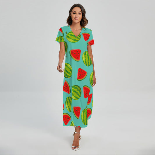 Blue Summer Watermelon Pattern Print Short Sleeve Maxi Dress