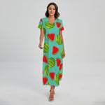 Blue Summer Watermelon Pattern Print Short Sleeve Maxi Dress