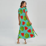Blue Summer Watermelon Pattern Print Short Sleeve Maxi Dress