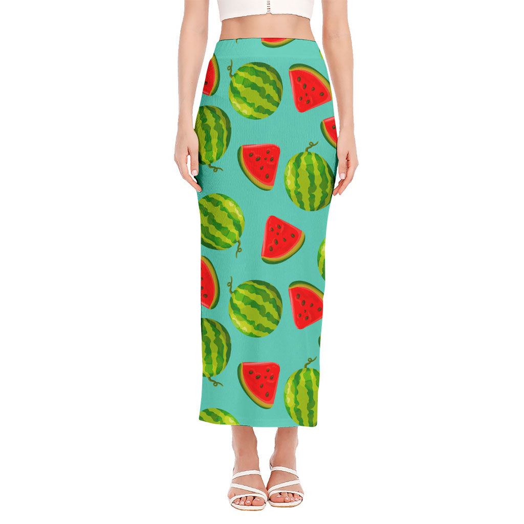 Blue Summer Watermelon Pattern Print Side Slit Maxi Skirt