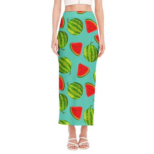 Blue Summer Watermelon Pattern Print Side Slit Maxi Skirt