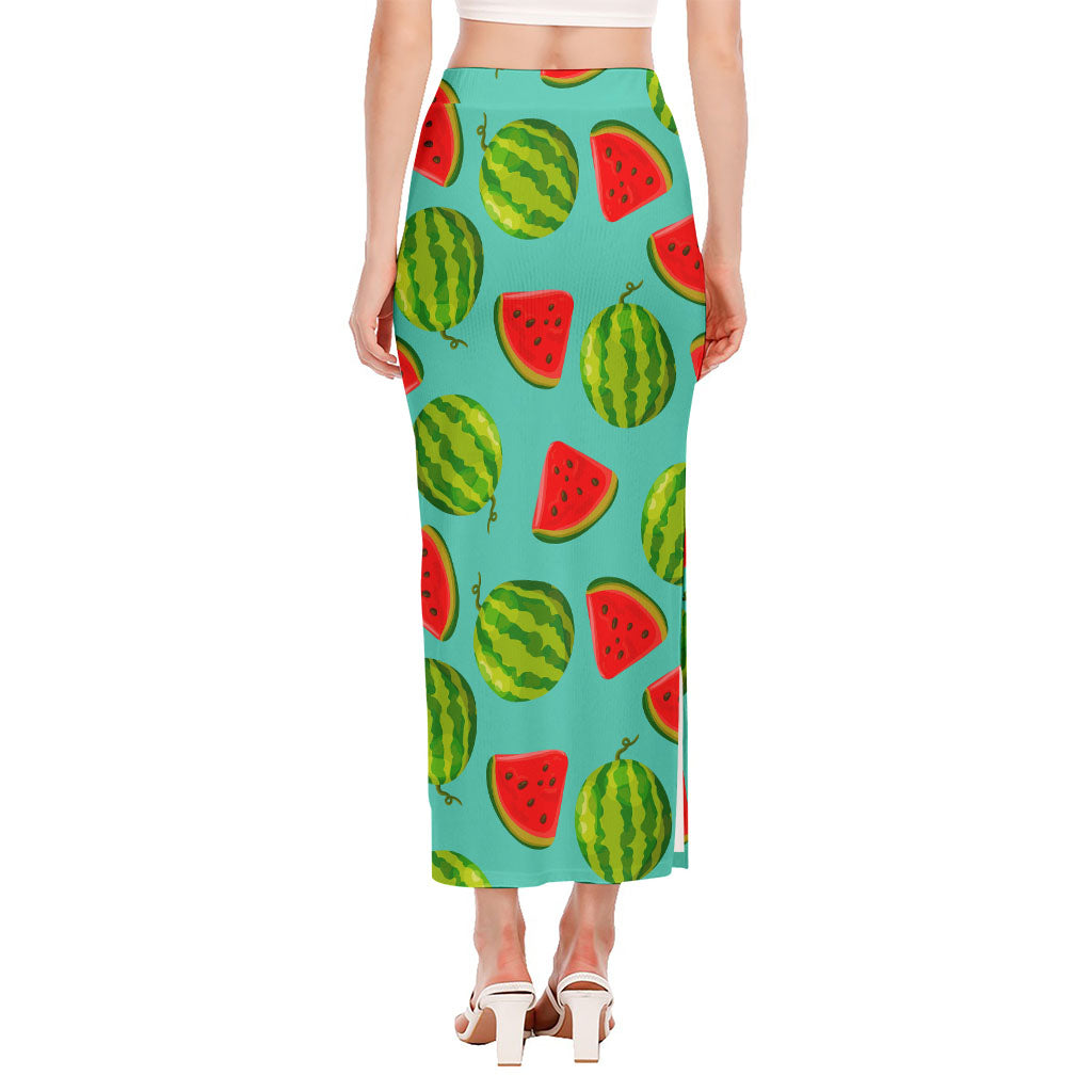 Blue Summer Watermelon Pattern Print Side Slit Maxi Skirt