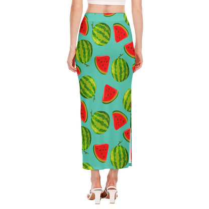 Blue Summer Watermelon Pattern Print Side Slit Maxi Skirt
