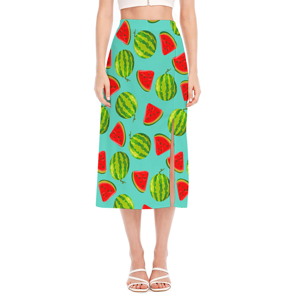 Blue Summer Watermelon Pattern Print Side Slit Midi Skirt