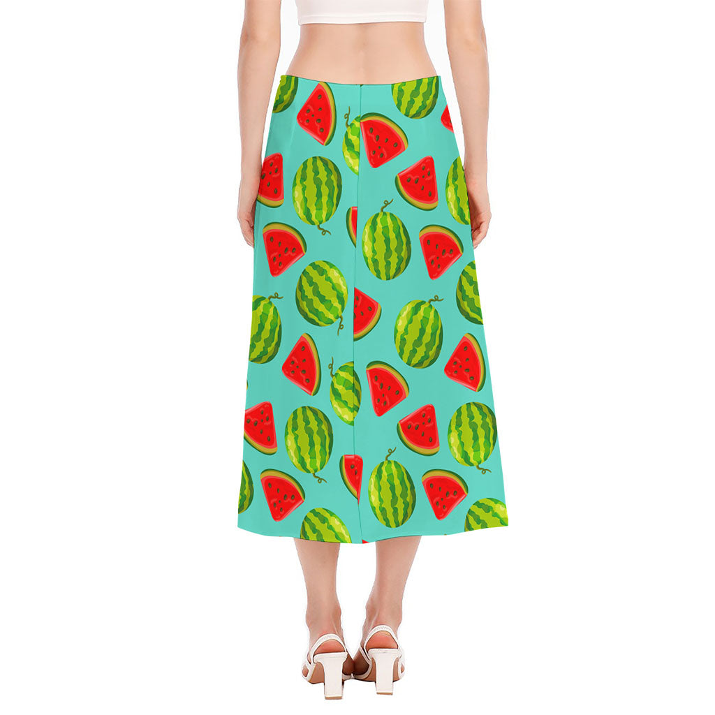Blue Summer Watermelon Pattern Print Side Slit Midi Skirt