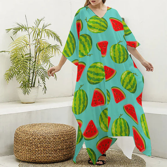 Blue Summer Watermelon Pattern Print Silk V-Neck Kaftan Dress