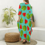 Blue Summer Watermelon Pattern Print Silk V-Neck Kaftan Dress