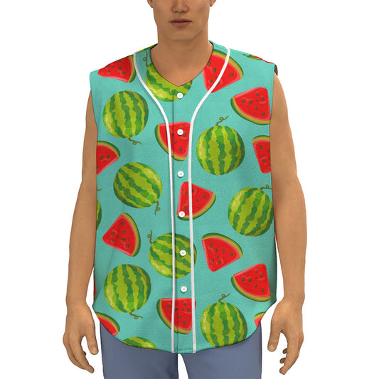 Blue Summer Watermelon Pattern Print Sleeveless Baseball Jersey