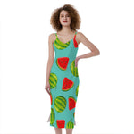 Blue Summer Watermelon Pattern Print Slim Fit Midi Cami Dress