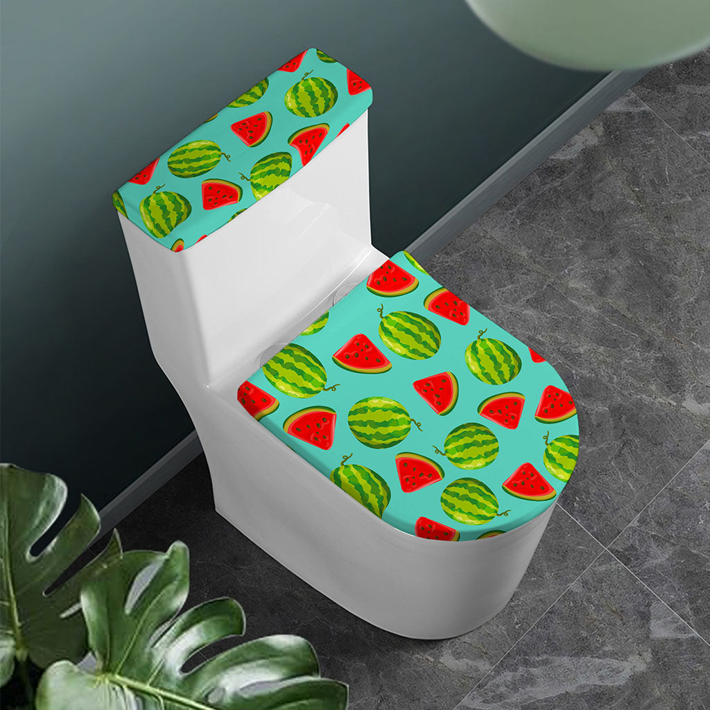 Blue Summer Watermelon Pattern Print Toilet Lid And Tank Cover Set