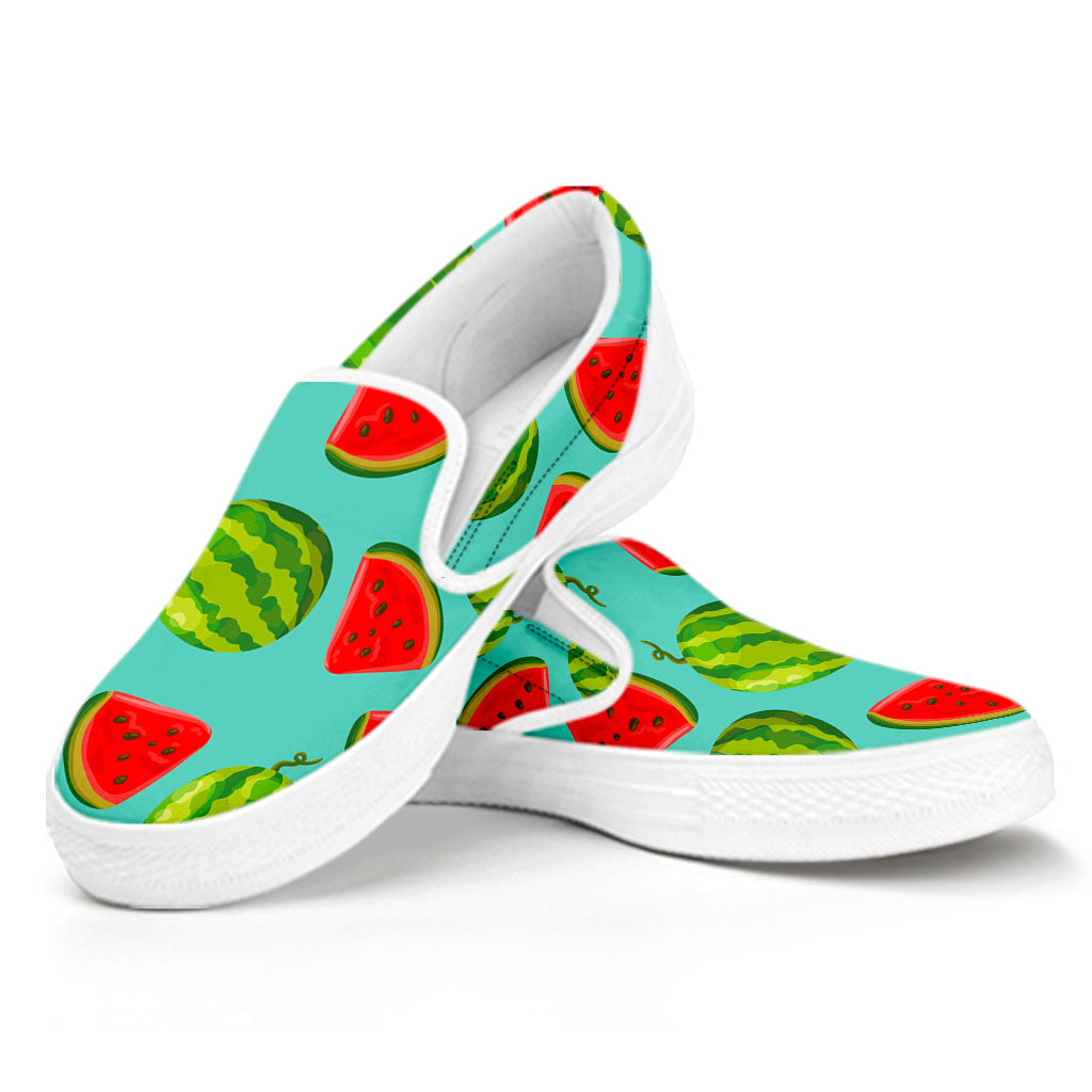 Blue Summer Watermelon Pattern Print White Slip On Sneakers