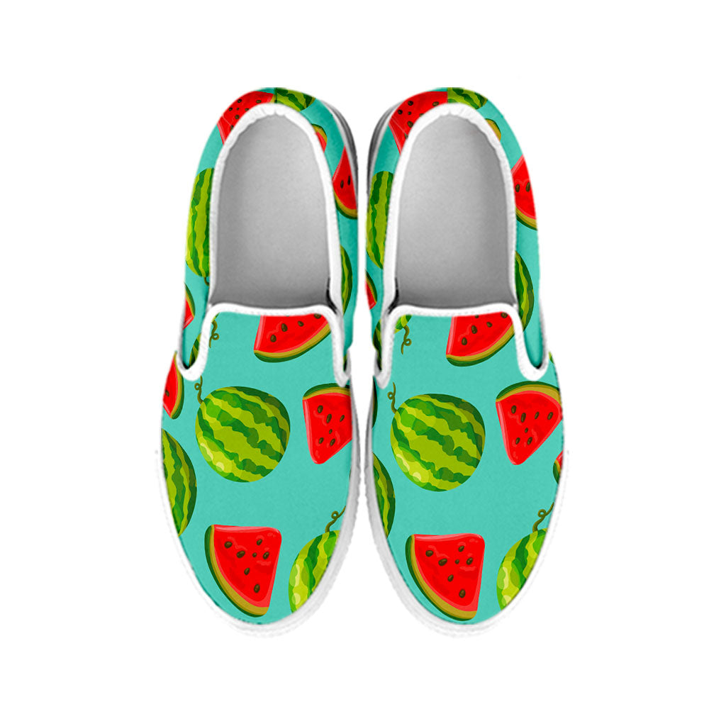 Blue Summer Watermelon Pattern Print White Slip On Sneakers