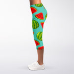 Blue Summer Watermelon Pattern Print Women's Capri Leggings