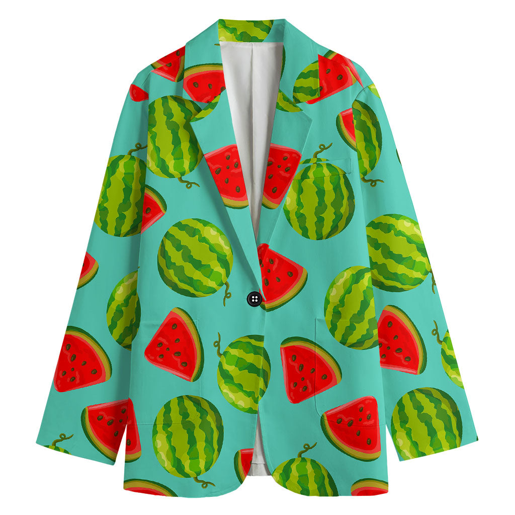Blue Summer Watermelon Pattern Print Women's Cotton Blazer