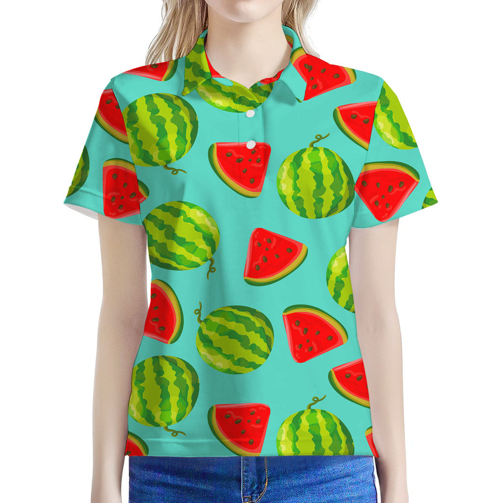 Blue Summer Watermelon Pattern Print Women's Polo Shirt