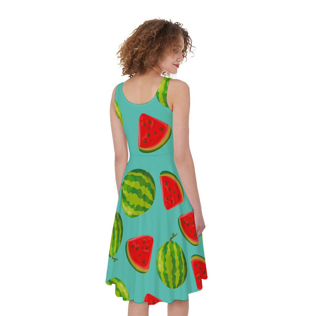 Blue Summer Watermelon Pattern Print Women's Sleeveless Dress