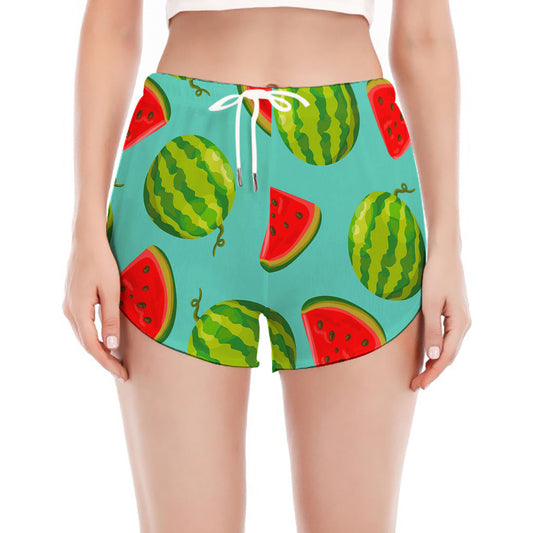 Blue Summer Watermelon Pattern Print Women's Split Running Shorts