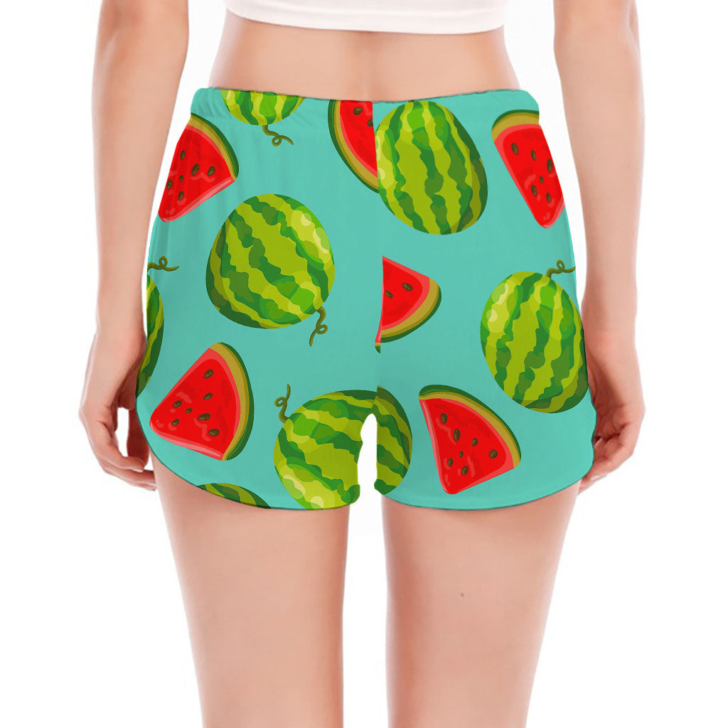 Blue Summer Watermelon Pattern Print Women's Split Running Shorts